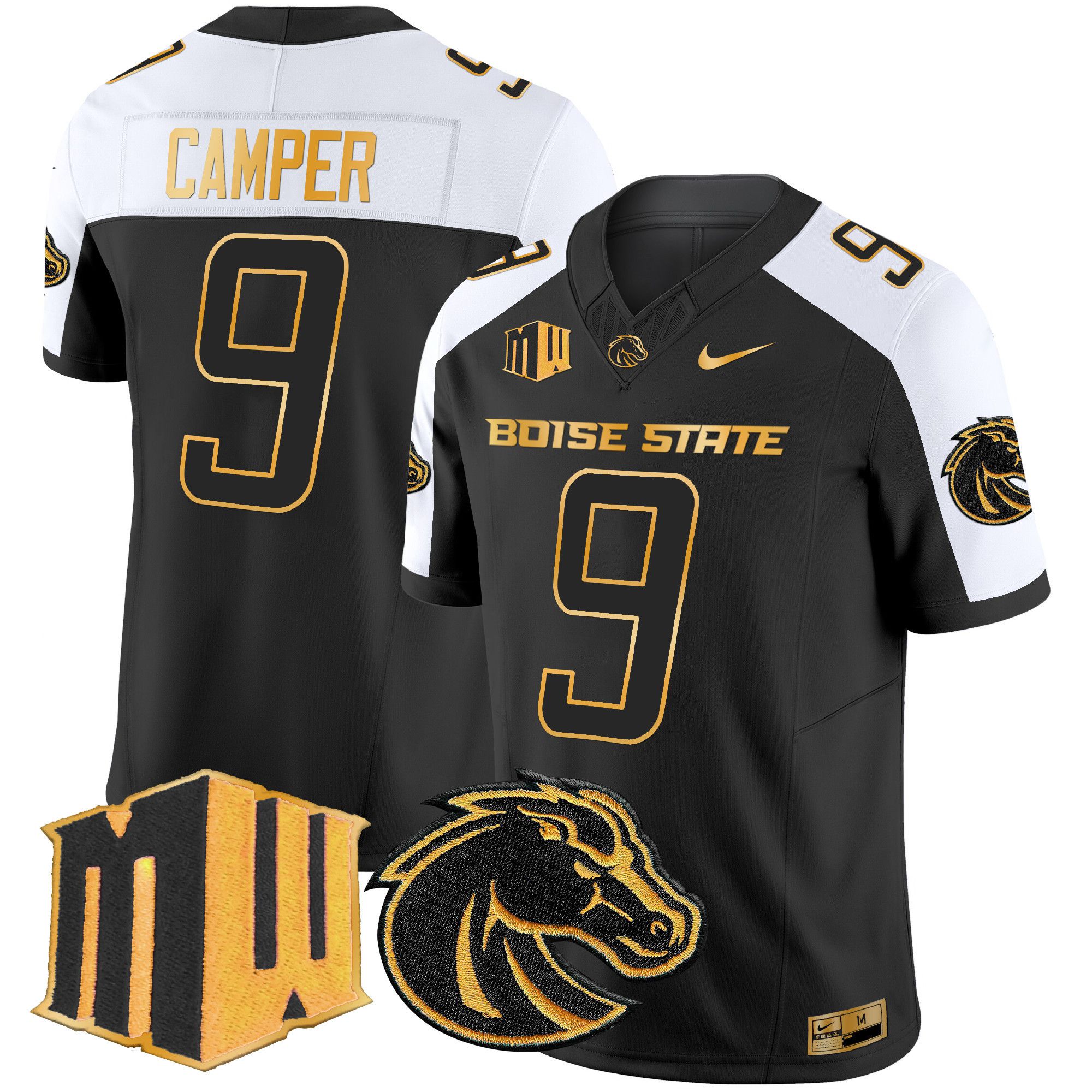 Men Boise State Broncos #9 Camper Black Nike 2024 Gold Vapor Limited NCAA Jersey style 2